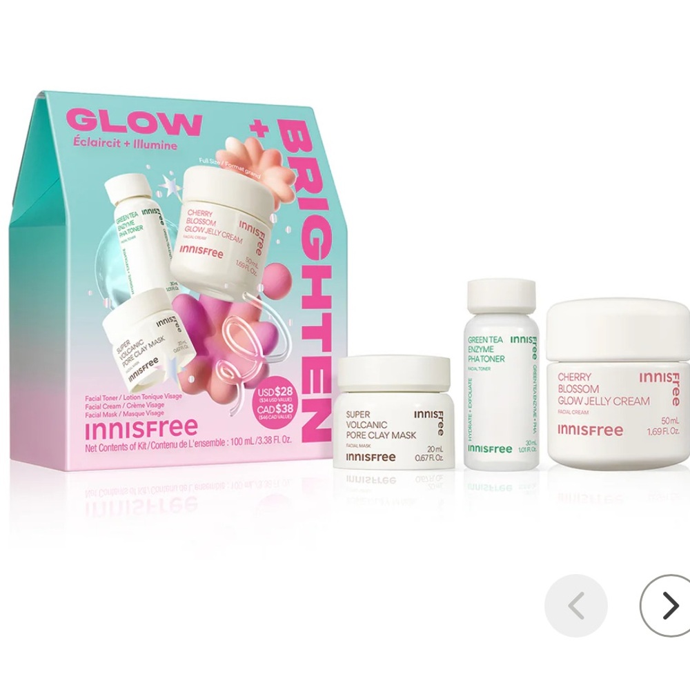InnisFree Glow + Brighten Skincare Set (Cherry Blossom Glow Cream, Toner, & Mask